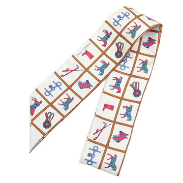 HERMES Scarf Twilly White Multicolor Silk 100% Horse Ribbon Women's