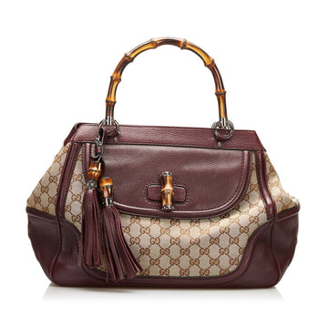 Gucci GG Canvas Bamboo Tassel Handbag Tote Bag 246860 Wine Red Bordeaux Beige Leather Ladies GUCCI