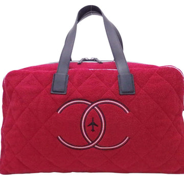 Chanel Handbag Quilted Coco Mark Red Navy Cotton Leather Boston Bag Women's Men's