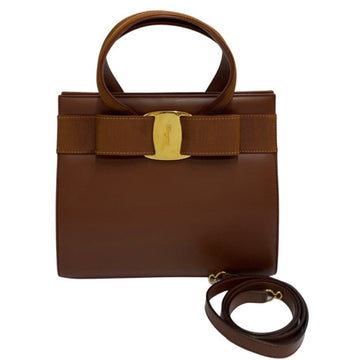 SALVATORE FERRAGAMO Vara Ribbon Metal Fittings Calf Leather 2way Handbag Shoulder Bag Brown