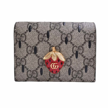 GUCCI GG Supreme Double G Strawberry Card Case Bifold Wallet 726247 Beige Women's