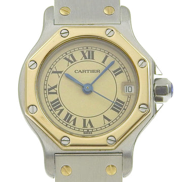 CARTIER Santos Octagon SM Watch W2001683 Stainless Steel Silver Quartz Analog Display Ladies Beige Dial