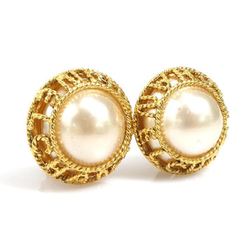 CHANEL earrings logo metal/fake pearl gold/off white ladies