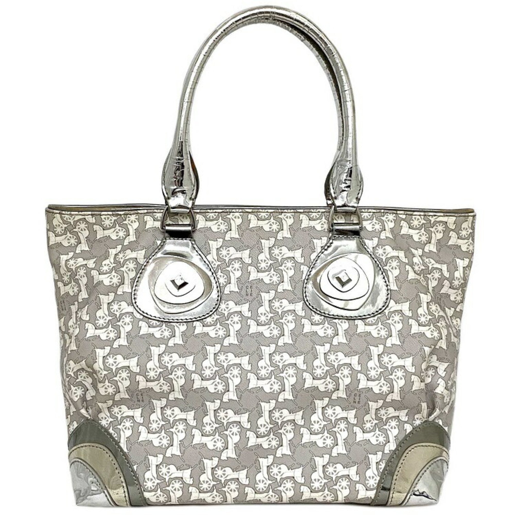 Celine Tote Bag Gray Silver White Salky PVC Leather CELINE Carriage Ho