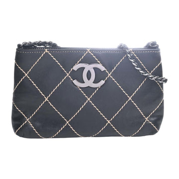 CHANEL Leather Wild Stitch Chain Pouch Black Ladies