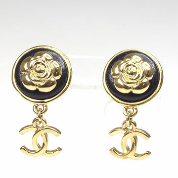 CHANEL Camellia Button Earrings Metal/Leather Gold/Black I22A Cocomark