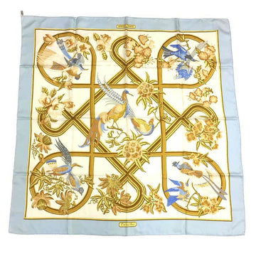 HERMES Carre 90 Scarf Muffler Caraibes Caribbean Bird 100% Silk White x Light Blue