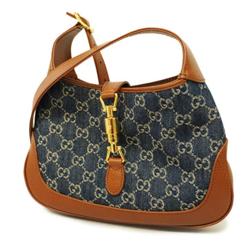 GUCCI Handbag Jackie 636706 Leather GG Jacquard Denim Brown Blue Gold Hardware Women's