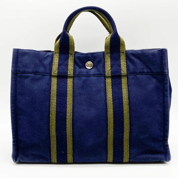 HERMES Tote Bag Fool Toe PM Navy Ultramarine Khaki Cotton Canvas Brand Men Women