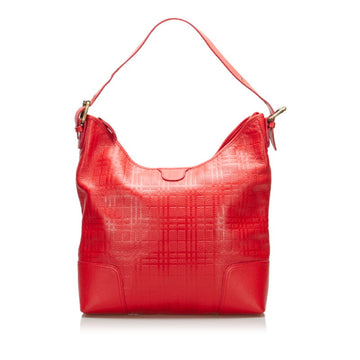 BURBERRY Check Shoulder Bag Red Leather Ladies