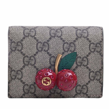 GUCCI GG Supreme Cherry Bifold Compact Wallet 476050 Beige Women's