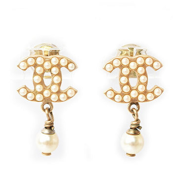 CHANEL earrings CC motif here mark swing pearl gold off-white