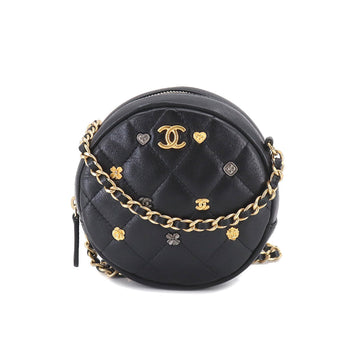 CHANEL Matelasse Lucky Charm Round Chain Shoulder Bag Leather Black A81620