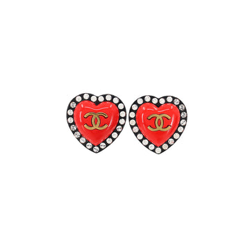 Chanel heart here mark earrings rhinestone black red gold 95P vintage accessories Vintage Earrings