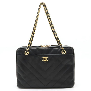 CHANEL V stitch here mark chain bag shoulder leather black