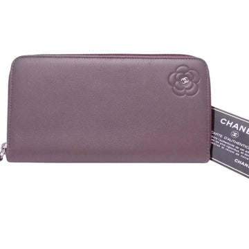 CHANEL Round Zipper Long Wallet Camellia Coco Mark Metallic Purple Leather x Silver Metal Fittings Purse Women's