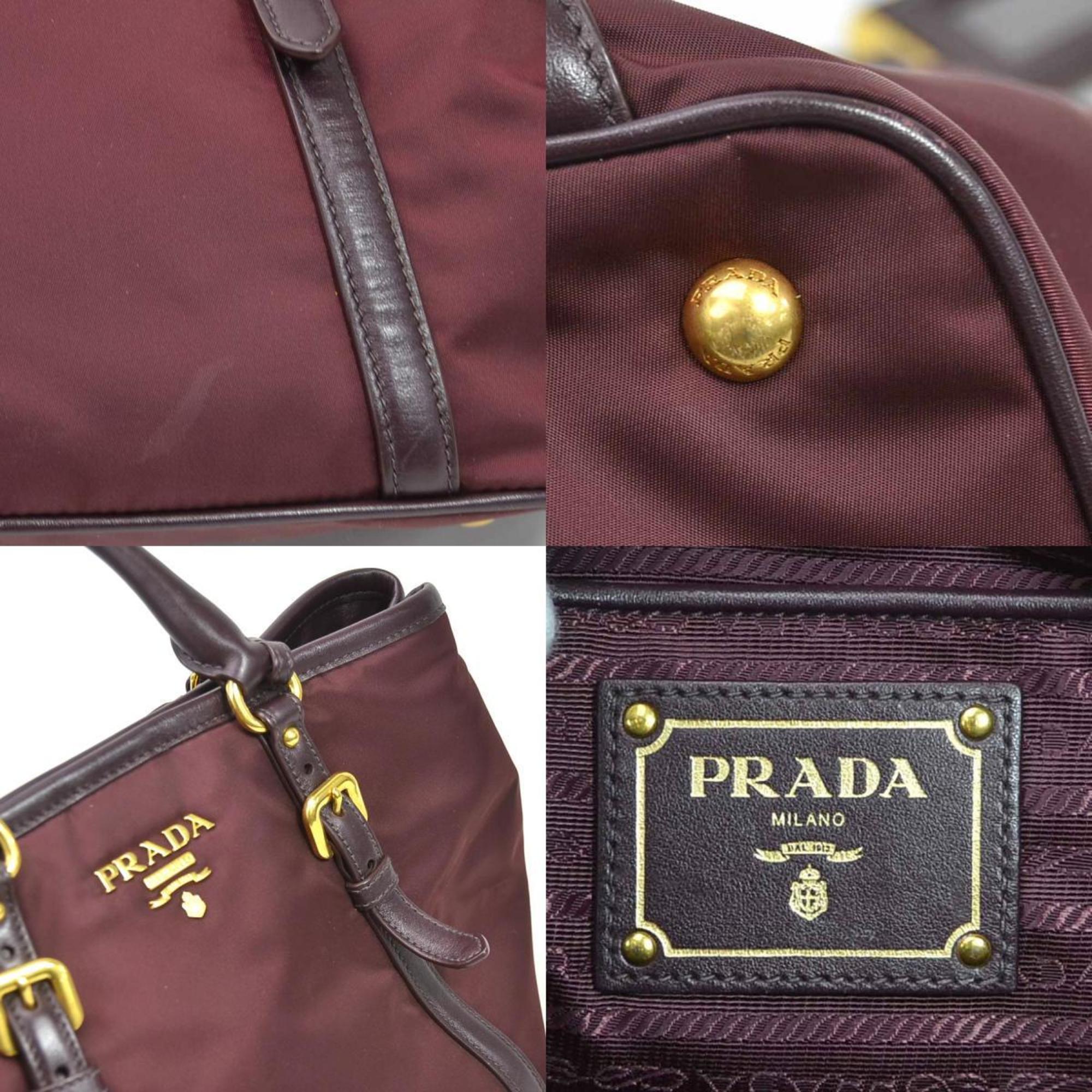 Prada handbag logo nylon leather burgundy gold ladies