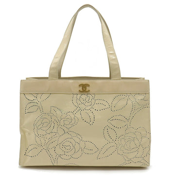 CHANEL camellia punching here mark tote bag handbag enamel ivory