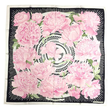 HERMES Carre 90 Scarf Muffler Silk Les Pivoines Peony White Black Pink 100%