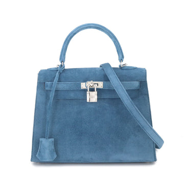 HERMES Kelly 25 2way hand shoulder bag Dobris Blue Thalassa H engraved outside stitching Silver Hardware