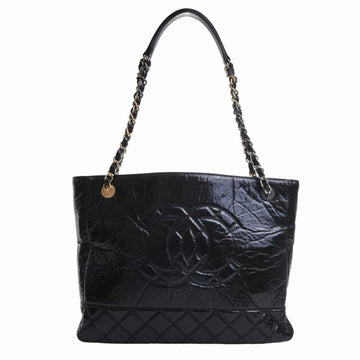 CHANEL Shiny Aged Calfskin Leather Coco Mark Chain Tote Bag AS1875 Black