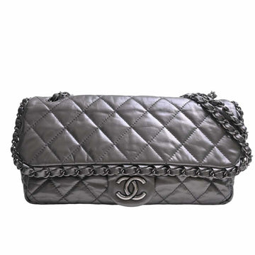 CHANEL Leather Luxury Line Matelasse Coco Mark Chain Shoulder Bag Metallic Gray Ladies