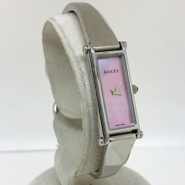 GUCCI Bangle Watch 1500L Quartz Silver Pink Shell Dial SS 2 Needle Ladies Stainless Square Small Face