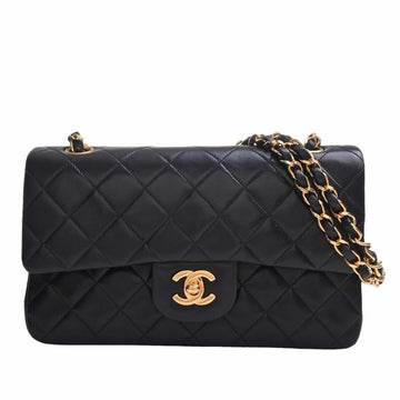 CHANEL Lambskin Matelasse Coco Mark W Flap Chain Shoulder Bag Black Women's