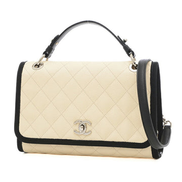 CHANEL Matelasse Top Handle 2Way Bag Caviar Skin Ivory/Black