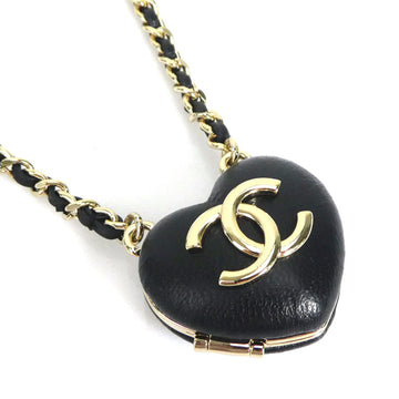 CHANEL necklace heart locket leather / GP black ladies