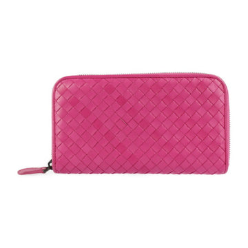 BOTTEGA VENETA Long Wallet 114076 Leather Pink Intrecciato Round Zipper