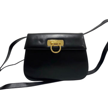 SALVATORE FERRAGAMO Gancini Hardware Calf Leather 2way Shoulder Bag Clutch Black