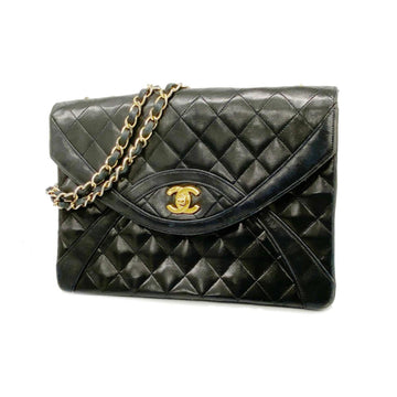 CHANEL Shoulder Bag Matelasse W Chain Lambskin Black Gold Hardware Women's