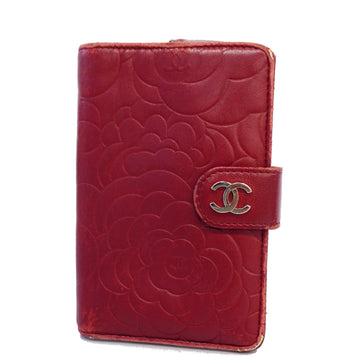 CHANEL[3yd2898] Auth  bi-fold wallet camellia leather red silver metal