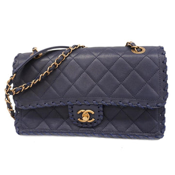 CHANEL Shoulder Bag Matelasse W Chain Leather Navy Gold Hardware Women's