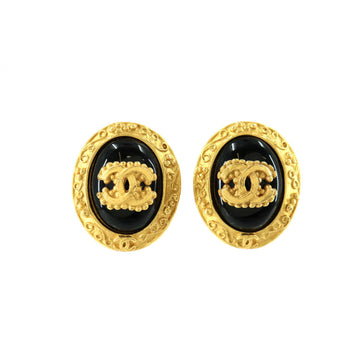 Chanel here mark oval type earrings black gold 96A vintage accessories