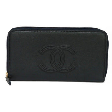 CHANEL Long Wallet Coco Mark Zip Round Zipper No. 26 Chain Embossed CC Dark Navy A70266 Men's Women's Billfold