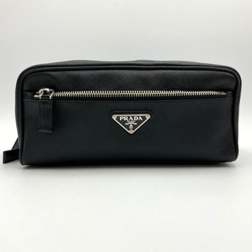 PRADA Pouch Saffiano Leather Triangle Logo Black Women's Men's Fashion Accessories USED