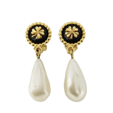 CHANEL earrings vintage drop motif clover fake pearl GP plated gold white black ladies