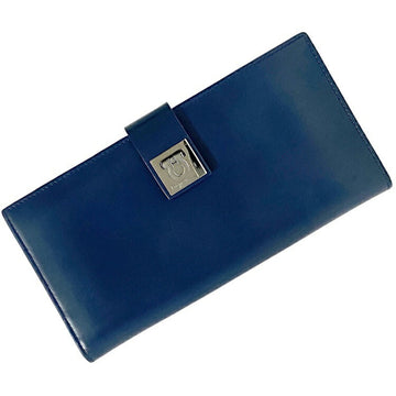 Salvatore Ferragamo Ferragamo Bi-Fold Long Wallet Navy Blue Silver Gancini IK-22 0113 Salvatore Metal Fittings Engraved Men's Women's Calf Leather