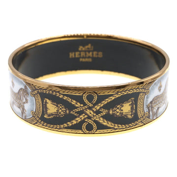 HERMES Bangle Enamel GM Gold Black Metal Cloisonne Women's Horse Bracelet