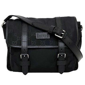 Gucci Black GG 510335 Nylon Leather GUCCI Shoulder Bag Flap Pattern Women's