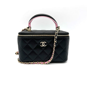 CHANEL Crossbody Shoulder Bag Vanity Matelasse Leather/Metal Black/Pink/Gold Women's