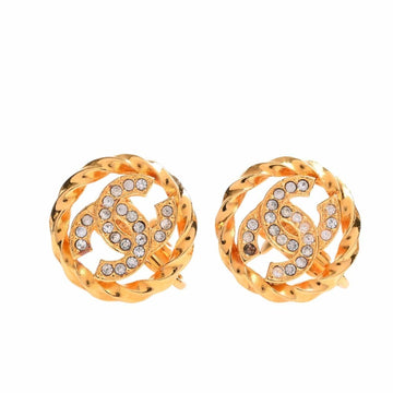 CHANEL Rhinestone Coco Mark Round Earrings Gold Women's