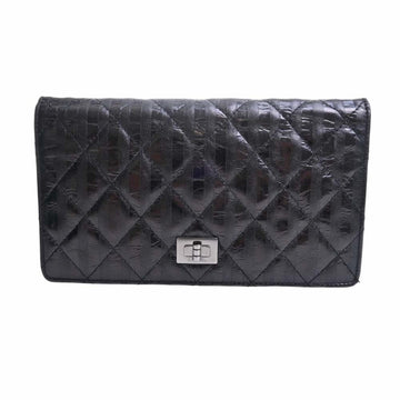 CHANEL Leather 2.55 Matelasse Striped Bifold Long Wallet Black Ladies