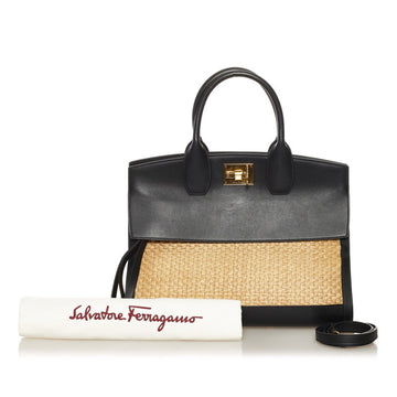 Salvatore Ferragamo Studio Handbag Shoulder Bag AU-21/1024 Black Beige Straw Leather Ladies