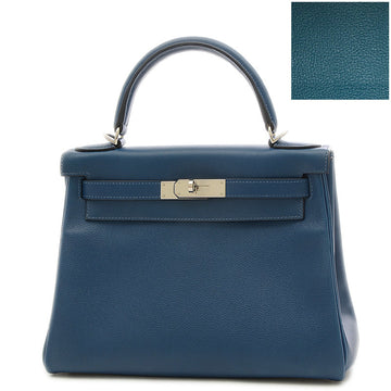 HERMES Kelly 28 Verso Inseam Handbag Evercolor Veil/Blue Silver Hardware Y Engraved