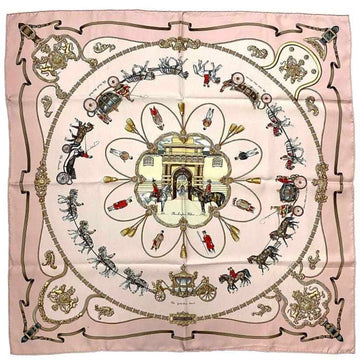 HERMES scarf muffler Carre 90 pink gold royal stable ROYAL MEWS silk 100%  Buckingham Palace horse pattern ladies