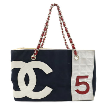 CHANEL Cocomark No.5 Shoulder Bag Tote Chain Canvas Leather Navy Red Silver A18644