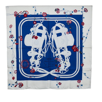 HERMES Carre 90 BRIDES FLEURIES Blood Fururi Scarf Muffler Blue White Multicolor Silk Women's